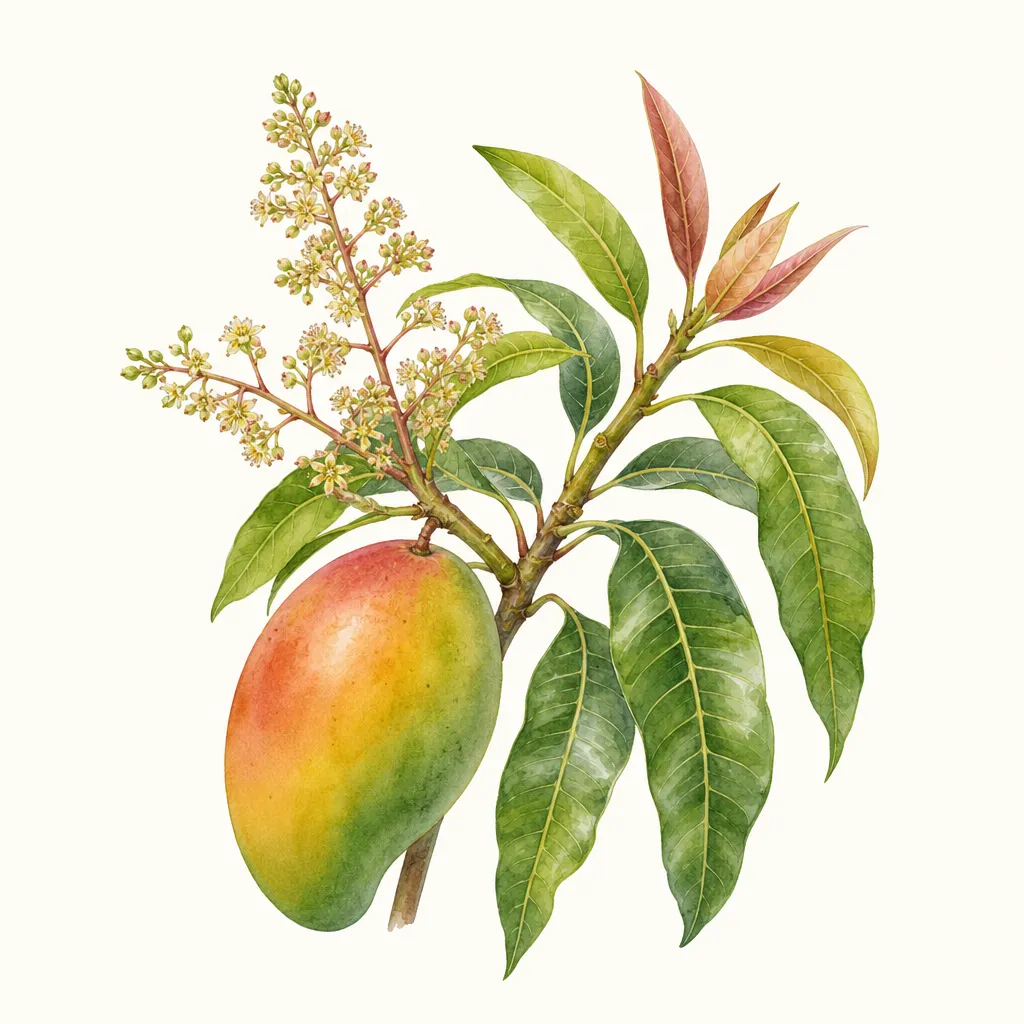 Манго (Mangifera indica) — ботаническая иллюстрация травы