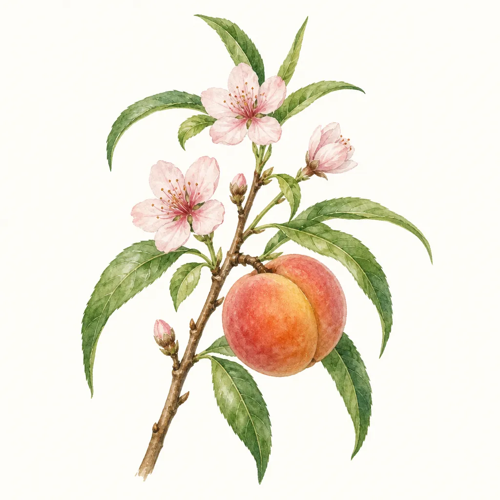 Персик (Prunus persica) — ботаническая иллюстрация травы