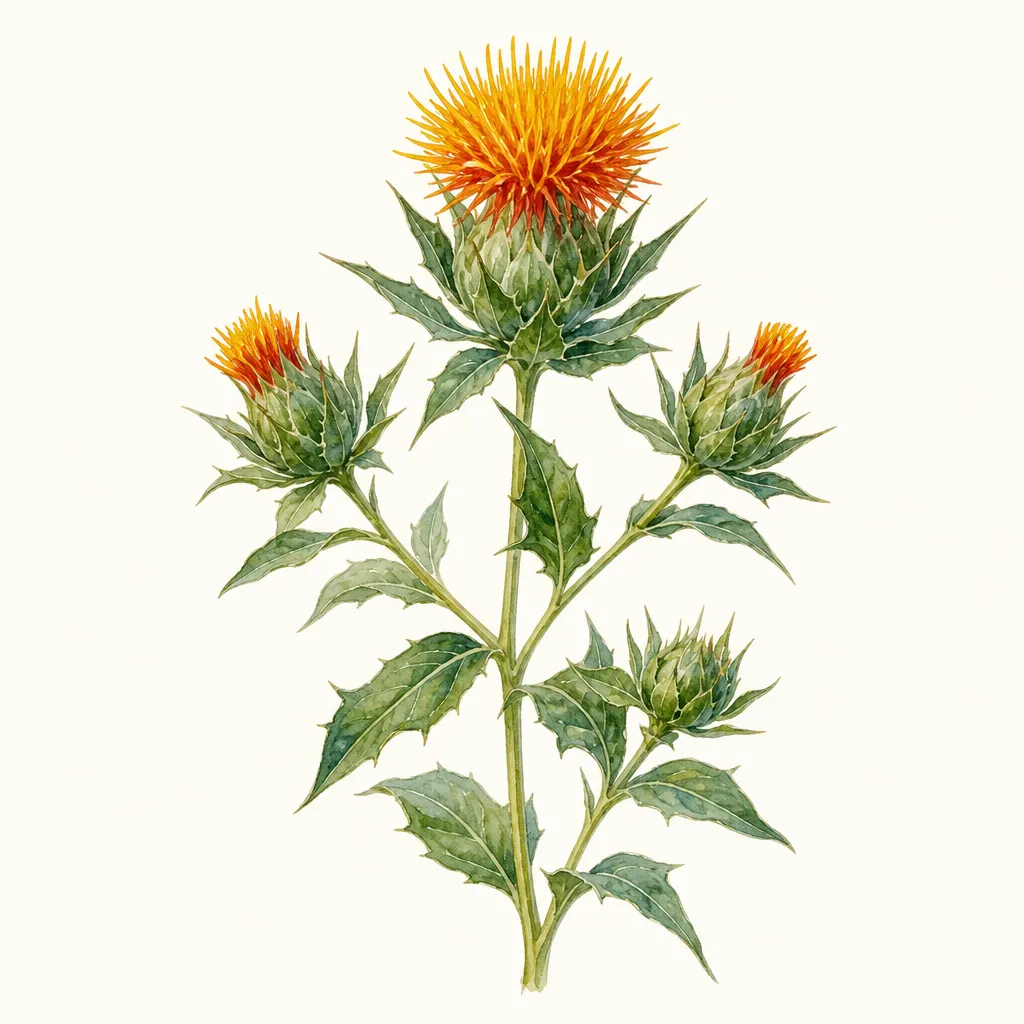 Сафлор (Carthamus tinctorius) — ботаническая иллюстрация травы