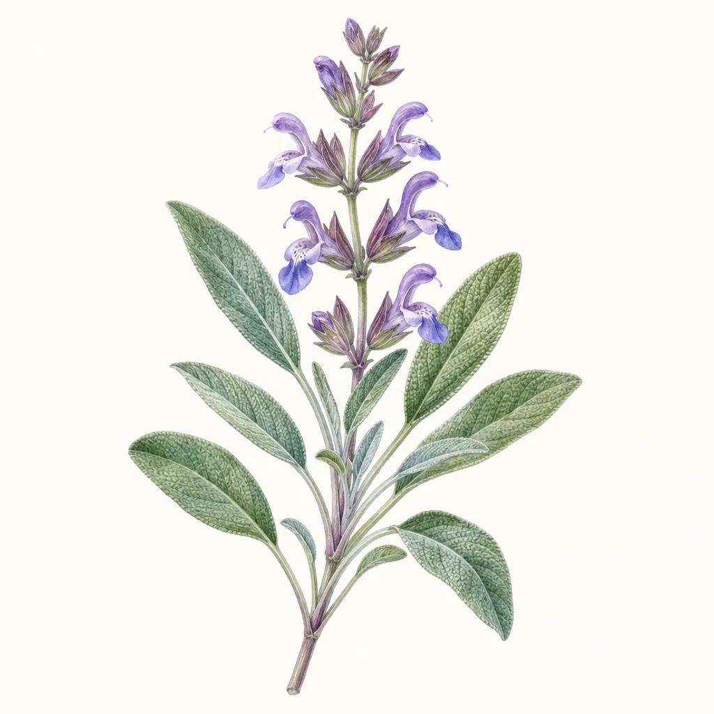 Шалфей (Salvia officinalis) — ботаническая иллюстрация травы
