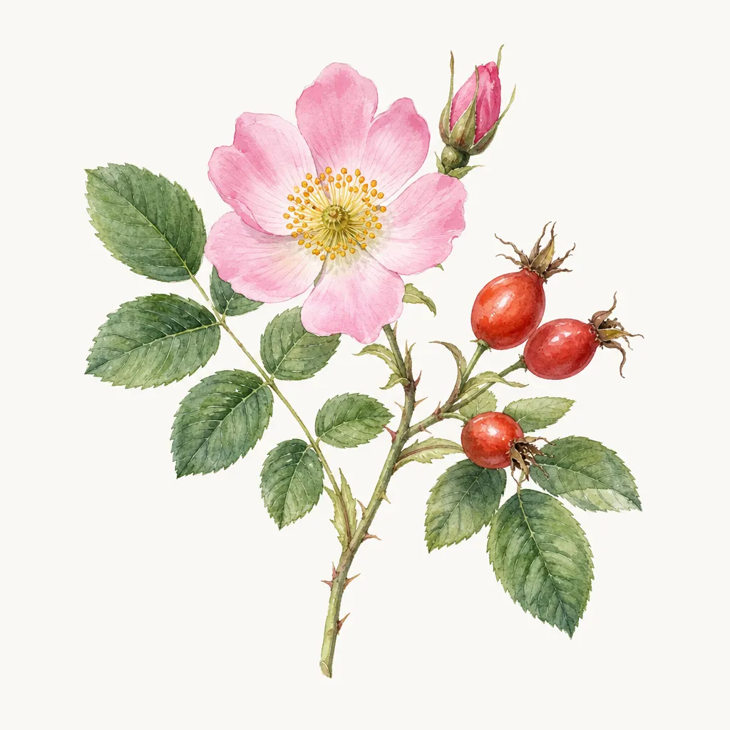 Шиповник (Rosa majalis) — ботаническая иллюстрация травы