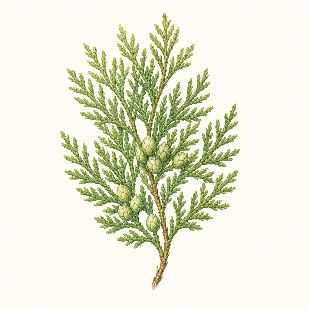 Туя (Thuja occidentalis) — ботаническая иллюстрация травы