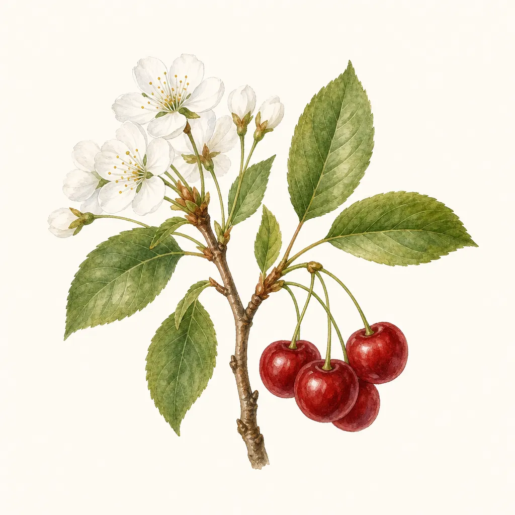 Вишня (Prunus cerasus) — ботаническая иллюстрация травы