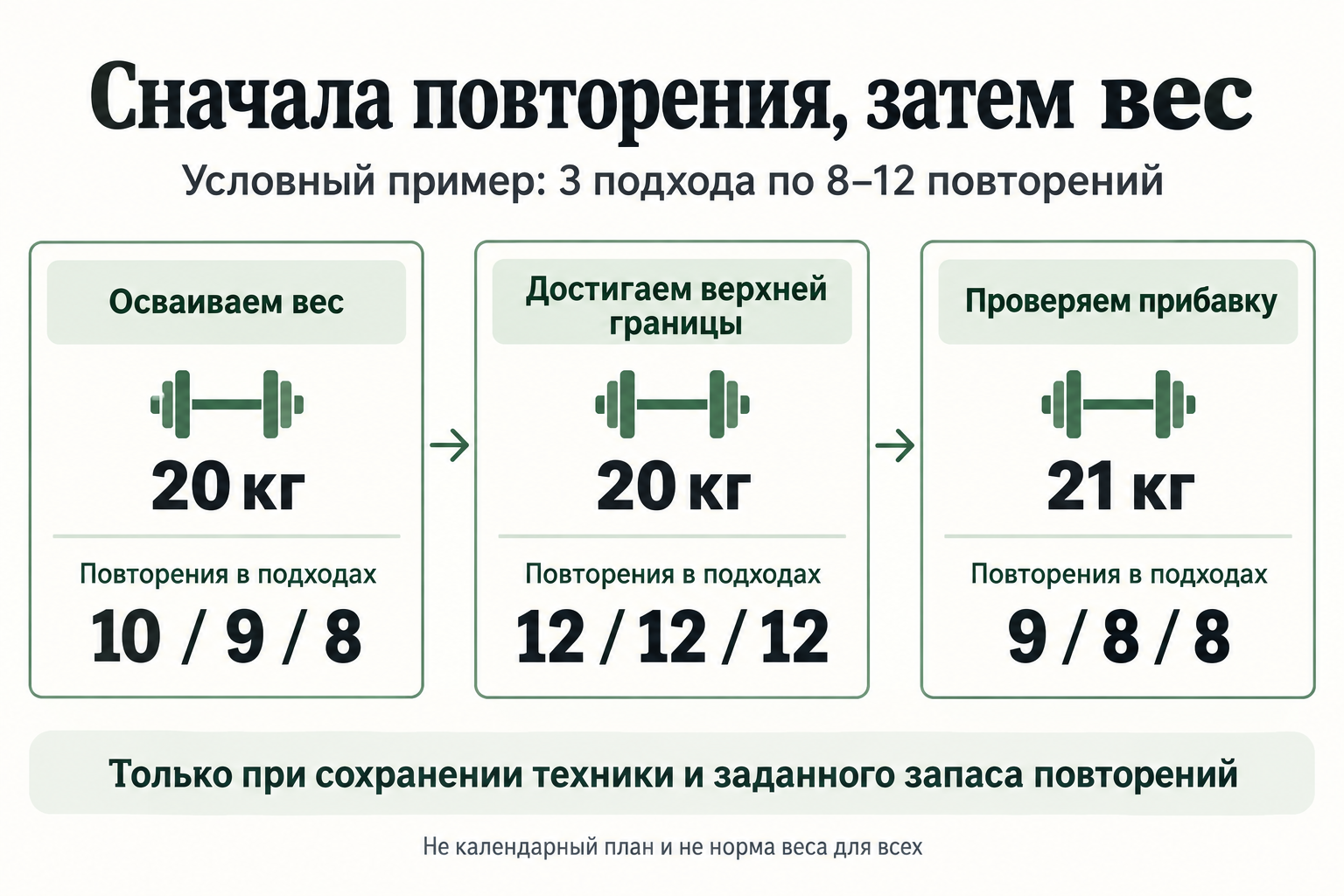 Схема двойной прогрессии: сначала повторения с прежним весом, затем небольшая прибавка.