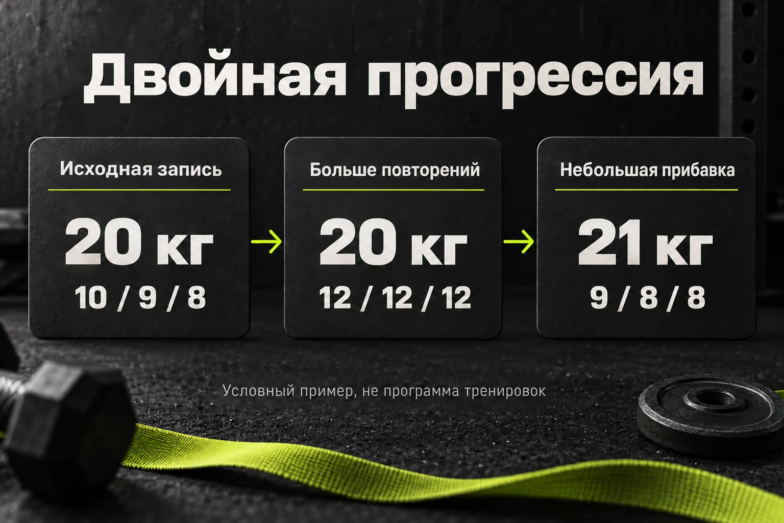 Условная двойная прогрессия: 20 кг и 10/9/8 повторений, затем 20 кг и 12/12/12, после прибавки до 21 кг — 9/8/8.