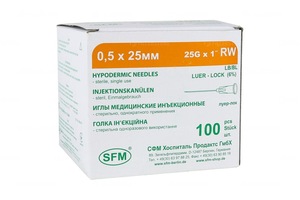 Игла инъекционная SFM 0,50x25-25G, 100 шт. в уп.