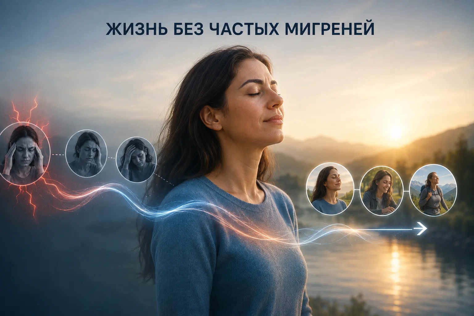 Женщина на фоне спокойного пейзажа после периода мигреней — образ постепенного улучшения состояния, снижения частоты приступов и возвращения к активной жизни.