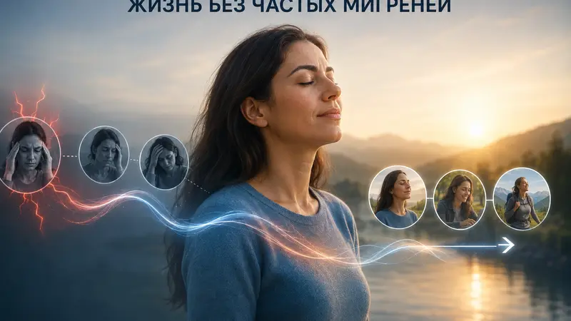 Женщина на фоне спокойного пейзажа после периода мигреней — образ постепенного улучшения состояния, снижения частоты приступов и возвращения к активной жизни.