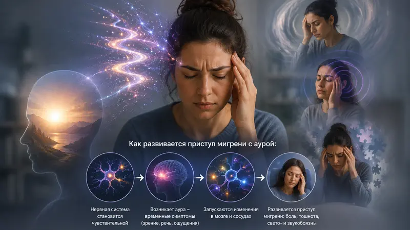 Женщина испытывает симптомы мигрени с аурой; вокруг нее показаны зрительные и сенсорные искажения, а в центре — последовательность развития приступа от повышенной чувствительности нервной системы до головной боли.