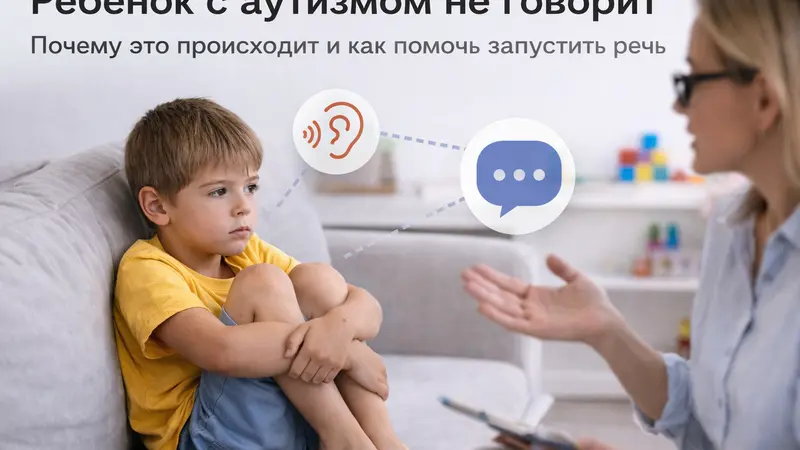 Ребенок с аутизмом и взрослый занимаются развитием речи за столом