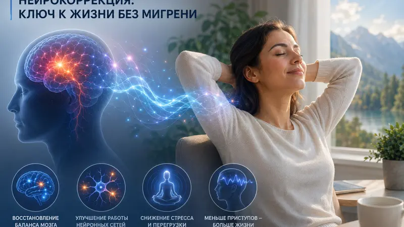 Женщина спокойно отдыхает у окна на фоне природного пейзажа; визуализация нейрокоррекции и работы нервной системы символизирует снижение перегрузки и уменьшение частоты приступов мигрени.