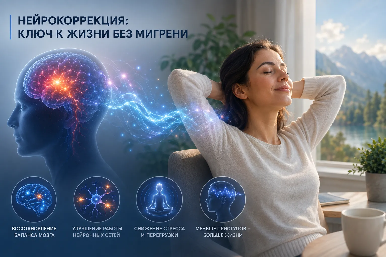 Женщина спокойно отдыхает у окна на фоне природного пейзажа; визуализация нейрокоррекции и работы нервной системы символизирует снижение перегрузки и уменьшение частоты приступов мигрени.