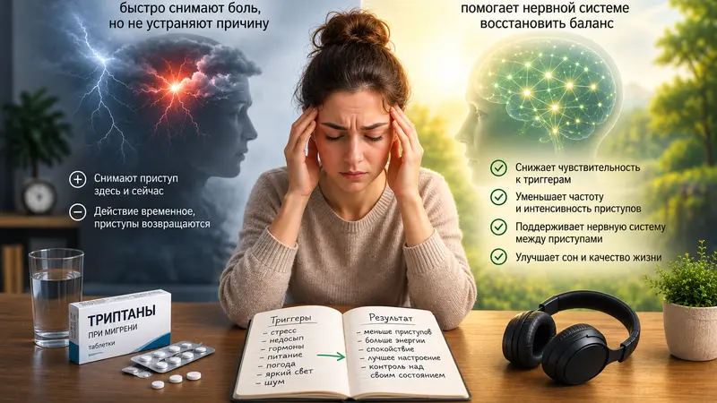 Женщина держится за виски во время приступа мигрени; слева показаны медикаменты для снятия боли, справа — нейрокоррекция и наушники как подход к поддержке нервной системы между приступами.