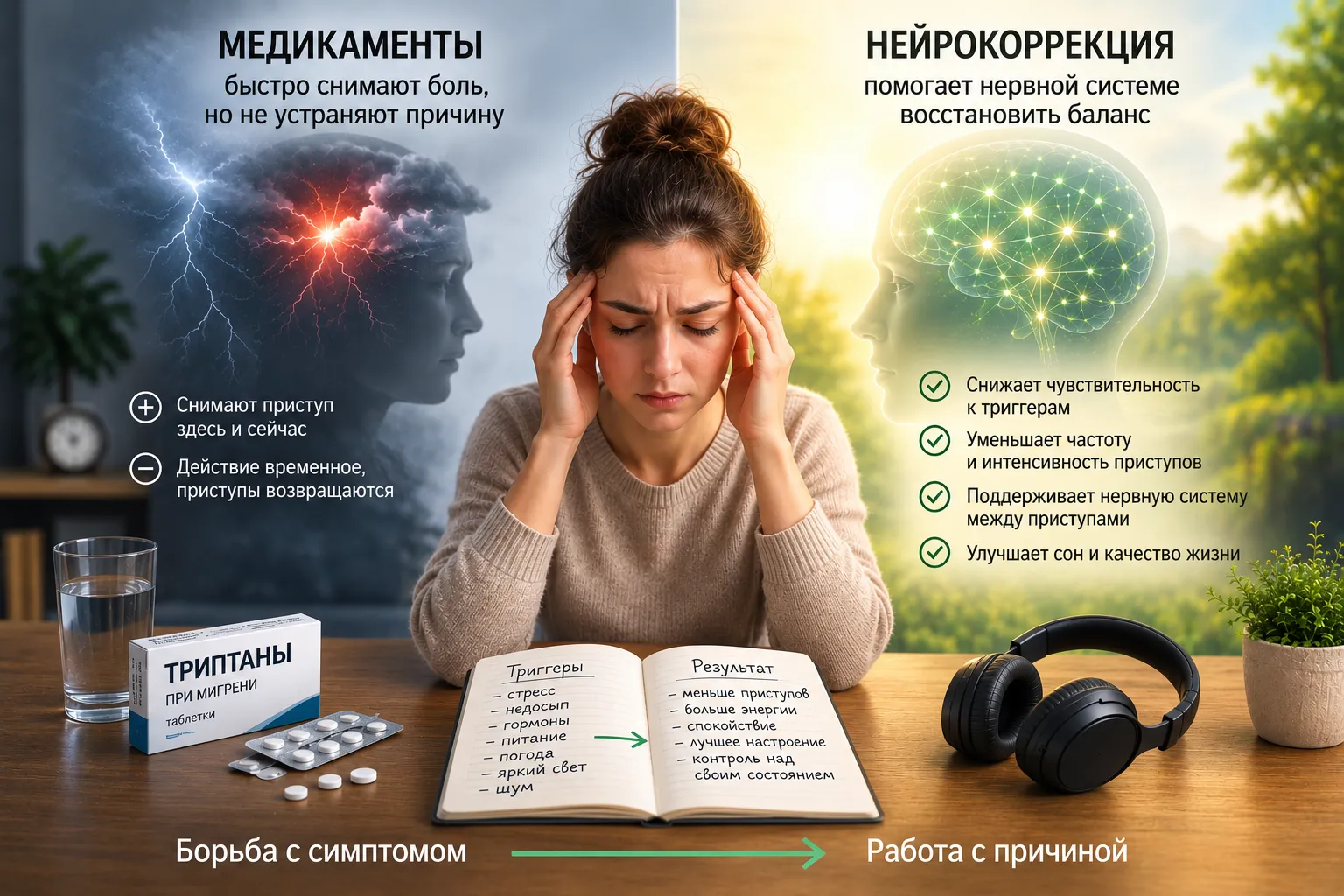 Женщина держится за виски во время приступа мигрени; слева показаны медикаменты для снятия боли, справа — нейрокоррекция и наушники как подход к поддержке нервной системы между приступами.