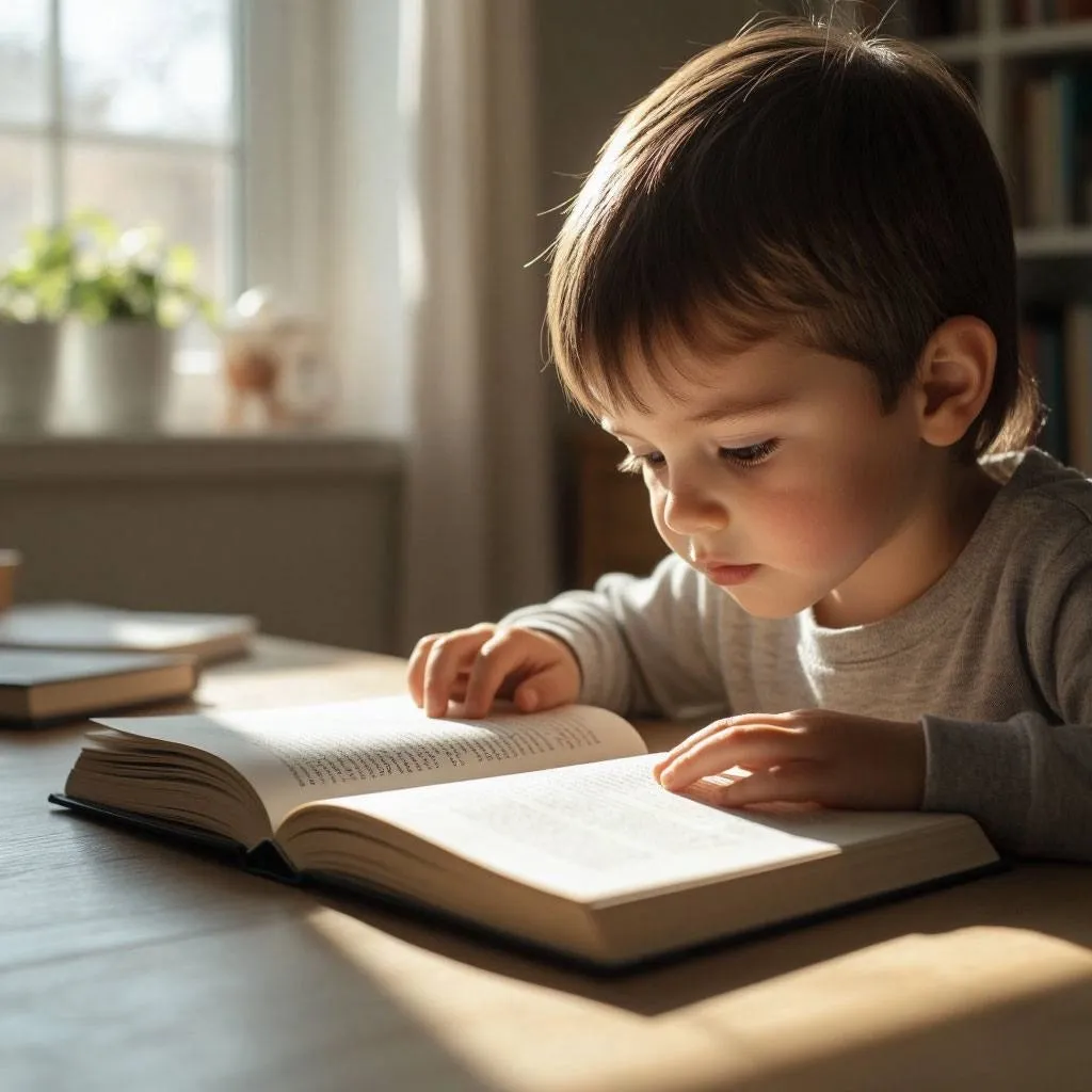 Ребенок с дислексией читает книгу, родитель поддерживает и помогает