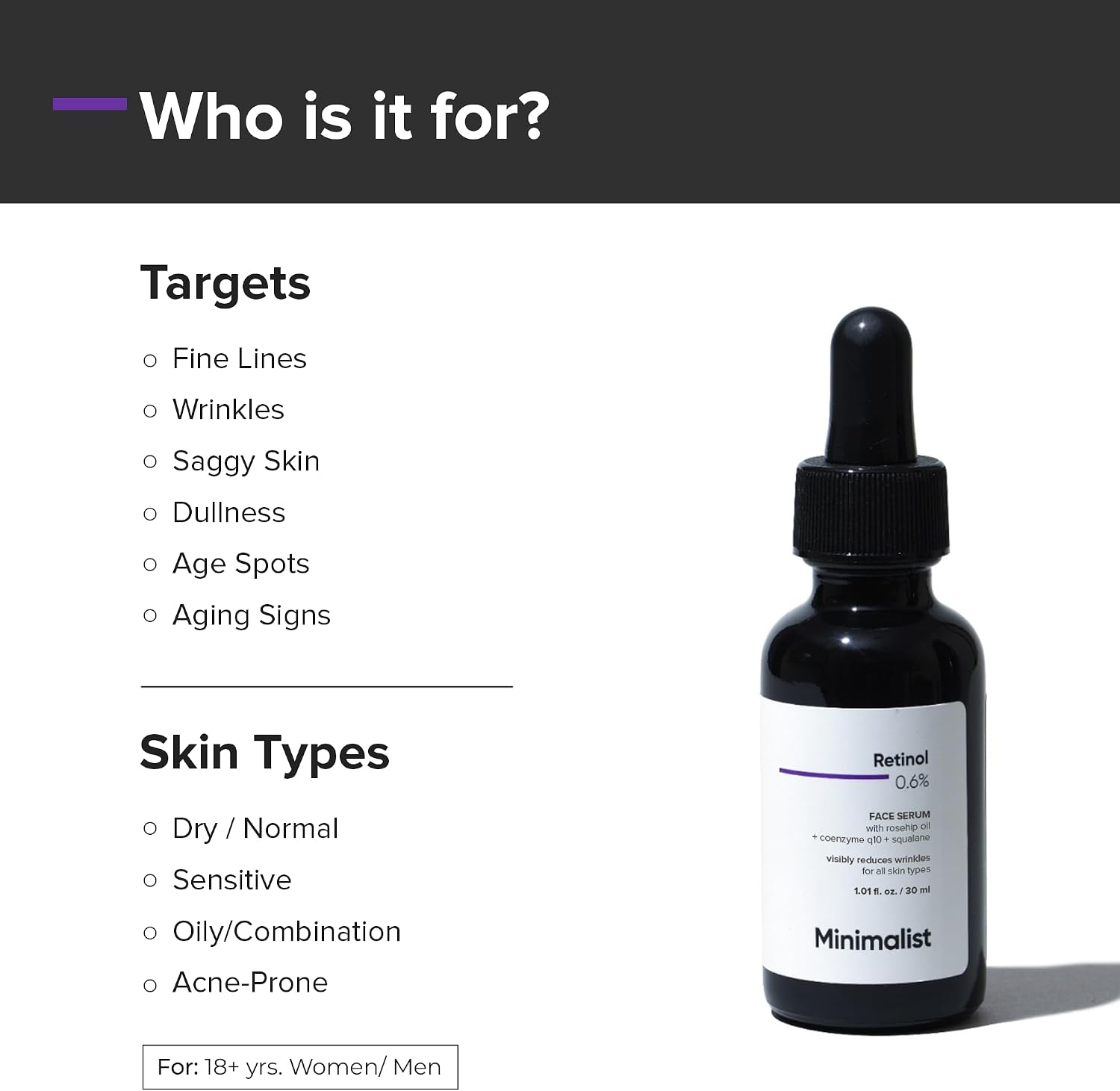 Vedashi Herbals Minimalist сыворотка с ретинолом 0,6%, 30 мл, против старения, уменьшает мелкие морщины — Minimalist | Фото 3