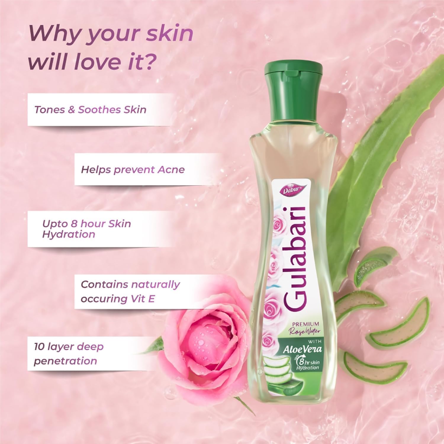 Dabur Dabur Gulabari, премиальная розовая вода с алоэ вера — 400 мл Очищающие средства и средства для умывания лица - Изображение 4