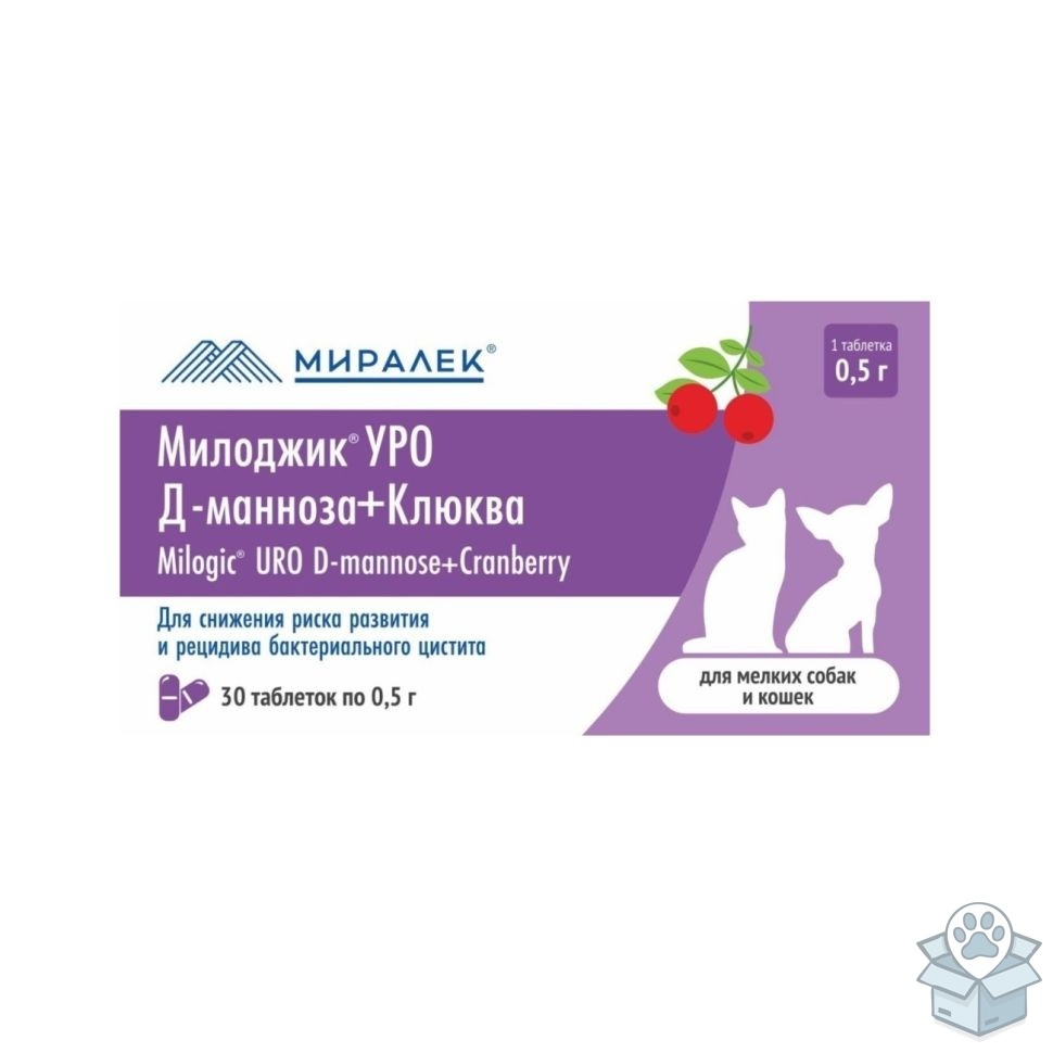 Миралек: Милоджик УРО Д-манноза+клюква для мелких собак и кошек, 30 табл