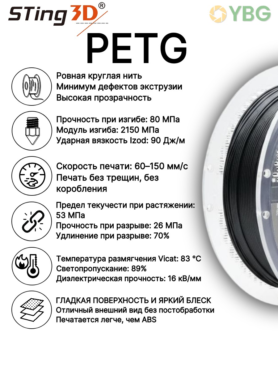 PETG пластик Sting3D для 3д принтера, черный, 1,75 мм, 1 кг — фото 6
