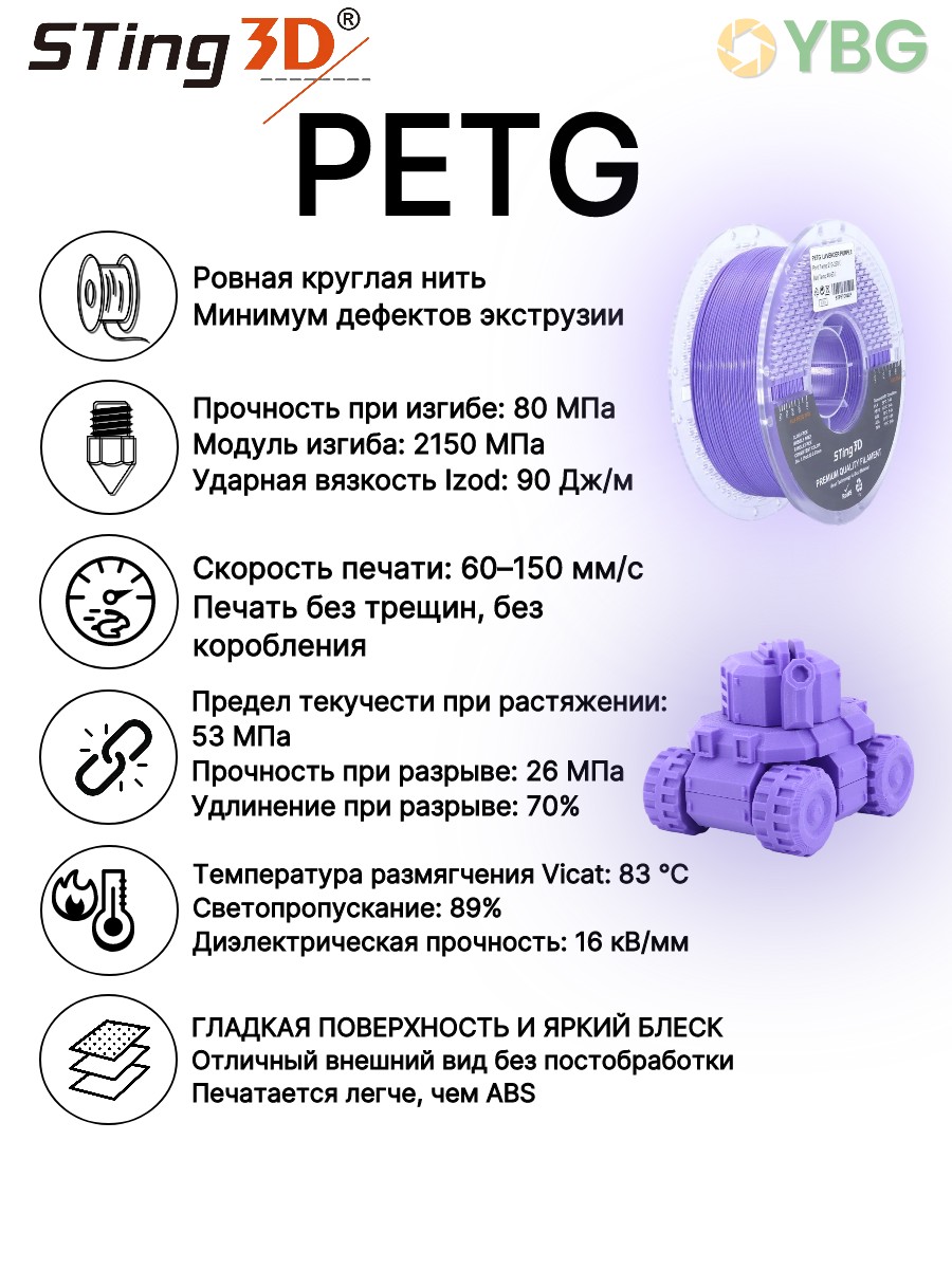 PETG пластик Sting3D для 3д принтера, фиолетовая лаванда, 1,75 мм, 1 кг — фото 15