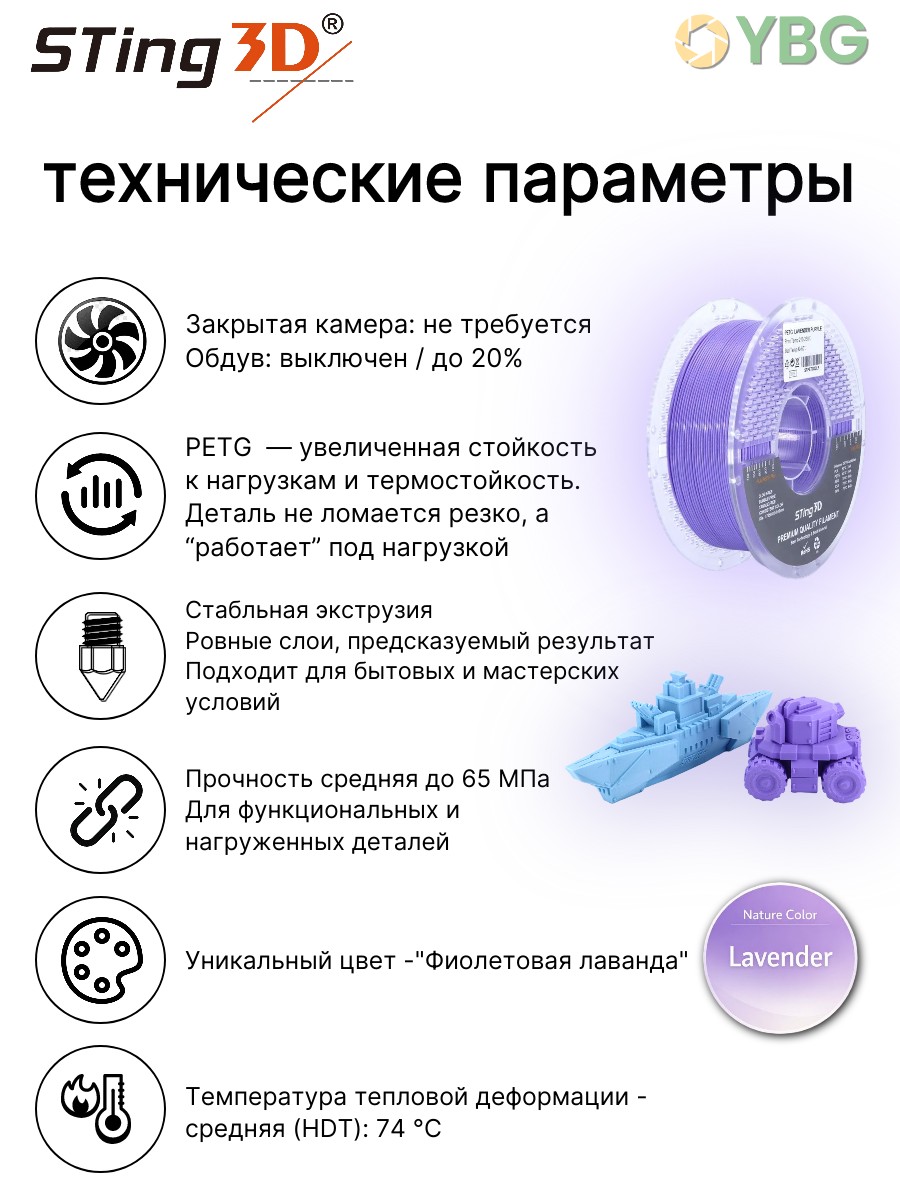 PETG пластик Sting3D для 3д принтера, фиолетовая лаванда, 1,75 мм, 1 кг — фото 2