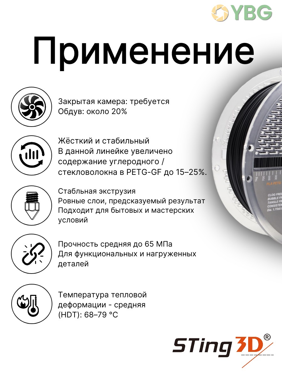 PETG Carbon Fiber пластик Sting3D для 3D-принтера, чёрный, 1 кг — фото 2