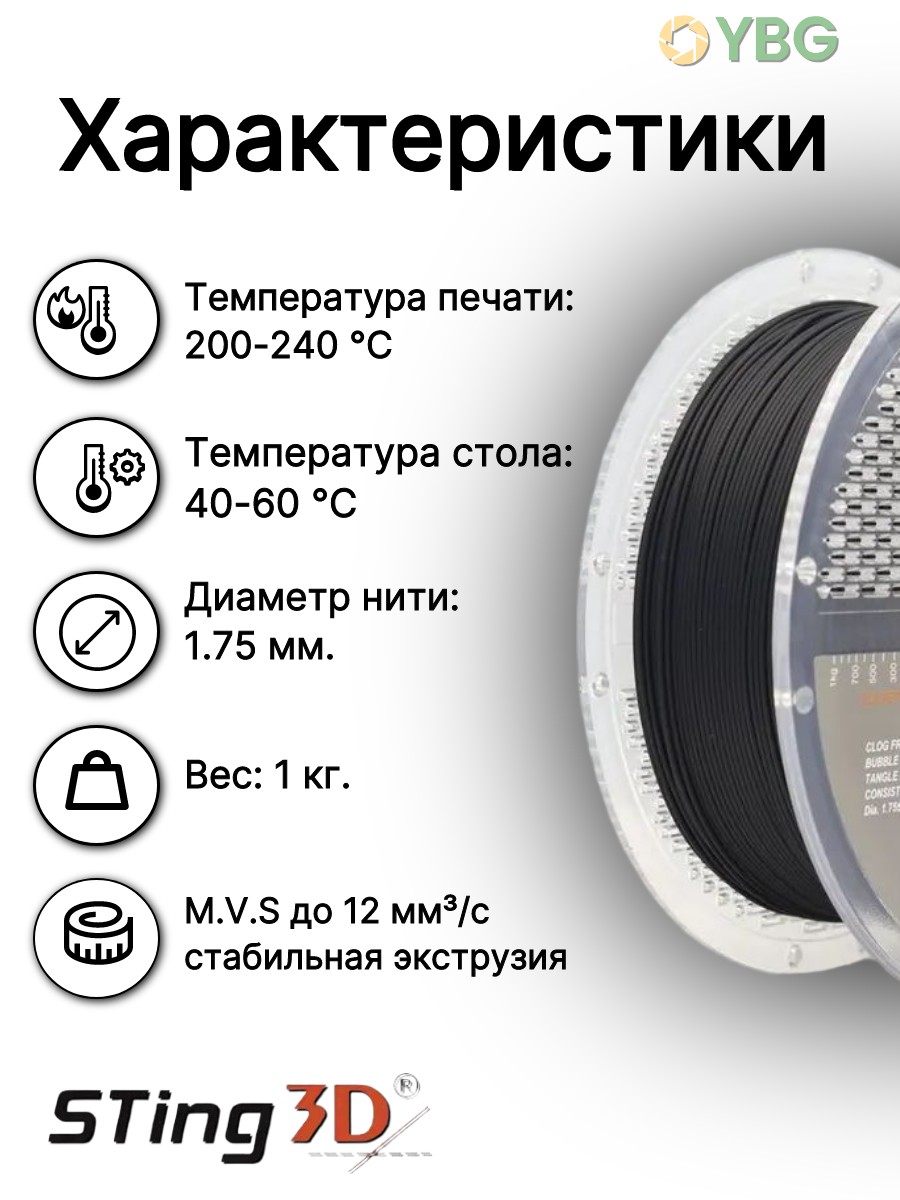 PLA-Hyper пластик Sting3D для 3D-принтера, чёрный, 1 кг