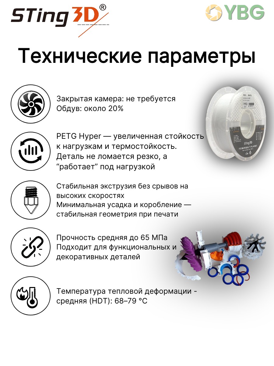 PETG-Hyper скоростной пластик Sting3d для 3д принтера, белый, 1,75 мм, 1кг — фото 3