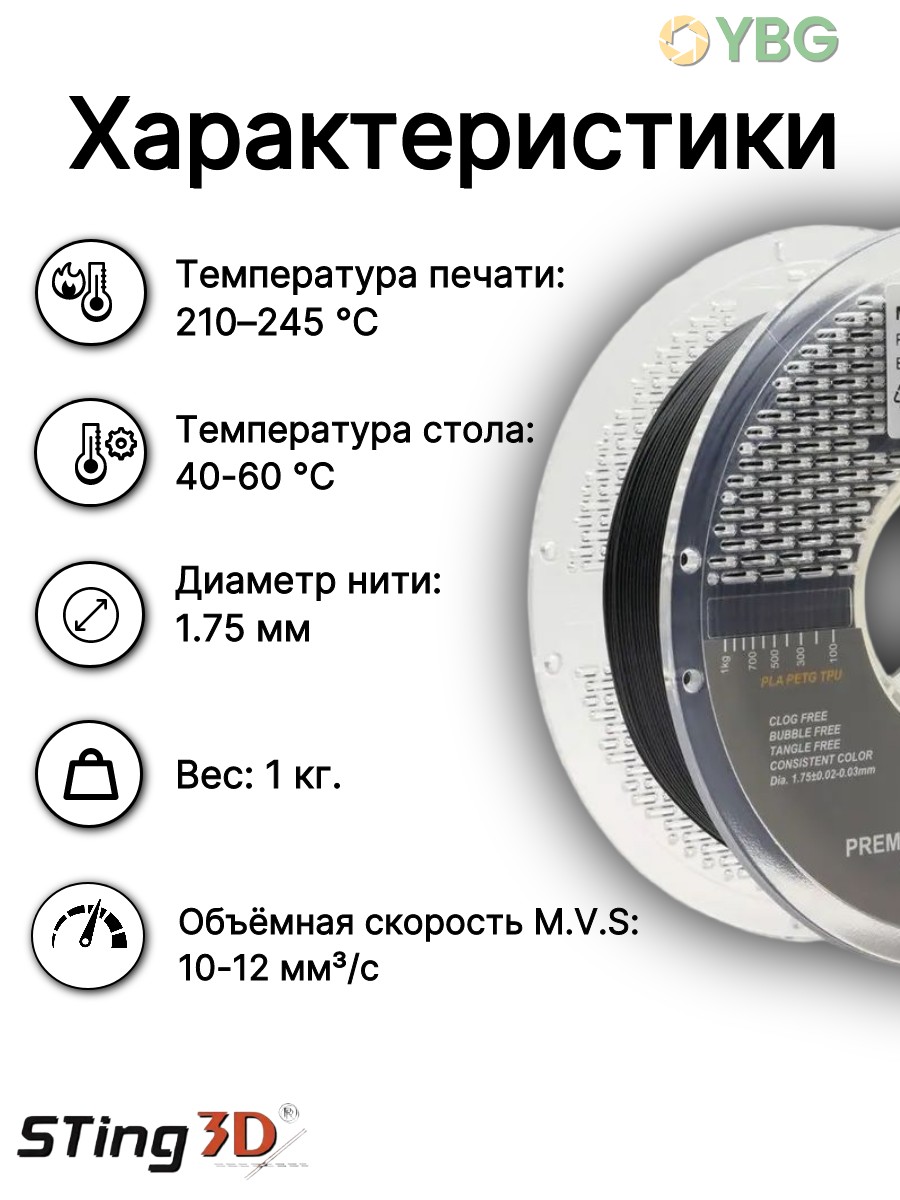 PETG пластик Sting3D для 3д принтера, черный матовый, 1,75 мм, 1 кг — фото 5