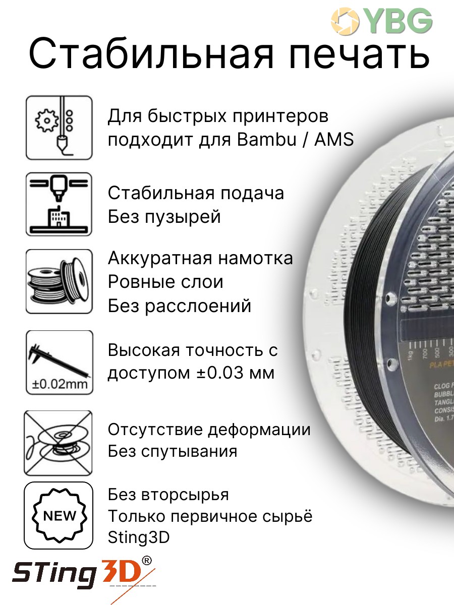 PETG пластик Sting3D для 3д принтера, черный матовый, 1,75 мм, 1 кг — фото 9