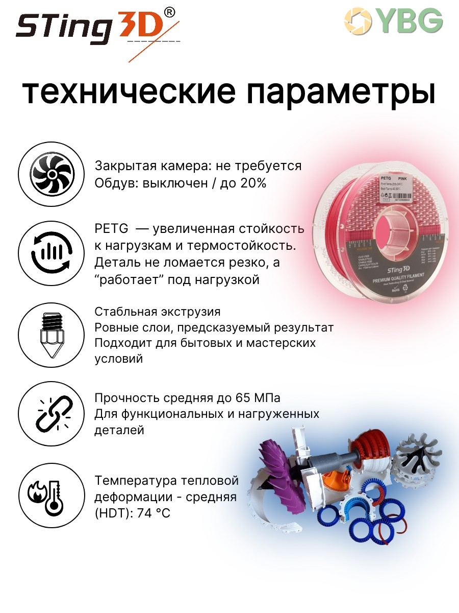 PETG пластик Sting3D для 3д принтера, розовый, 1,75 мм, 1 кг — фото 10
