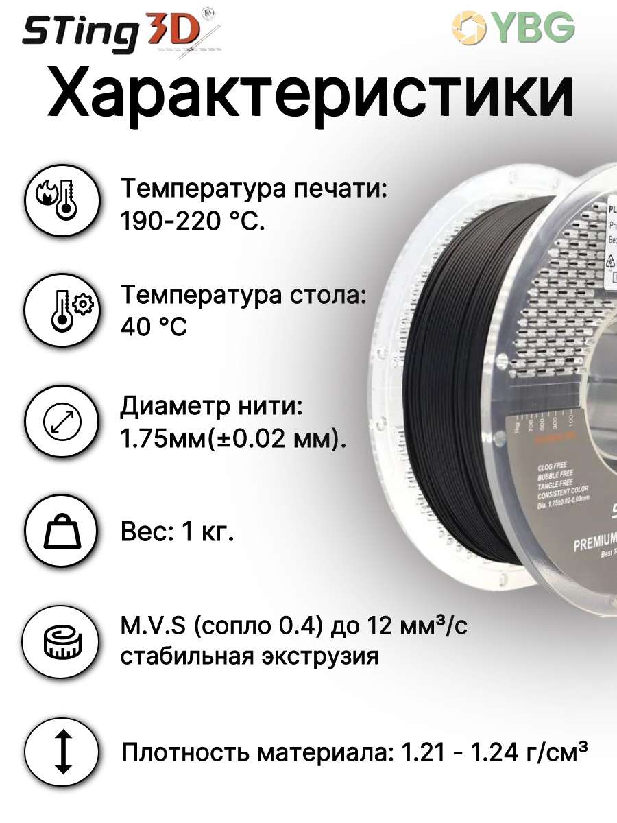 PLA пластик Sting3D для 3д принтера, черный, 1,75 мм, 1 кг