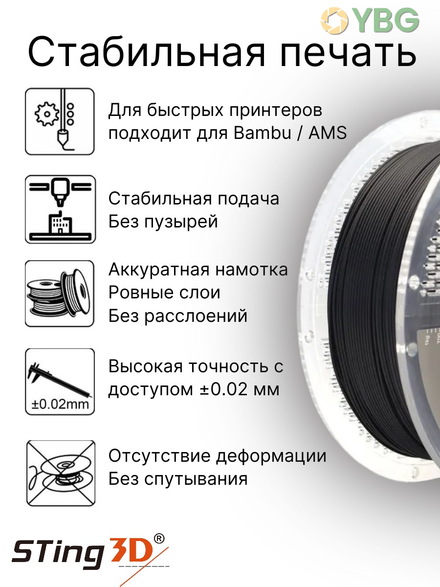 PLA пластик Sting3D для 3д принтера, черный, 1,75 мм, 1 кг — фото 6
