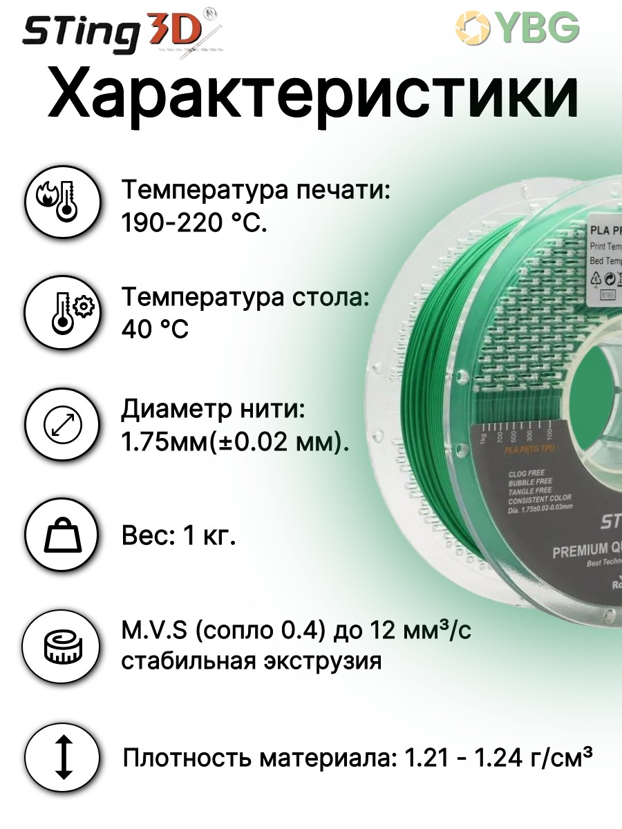 PLA пластик Sting3D для 3д принтера, зеленый, 1,75 мм, 1 кг — фото 5