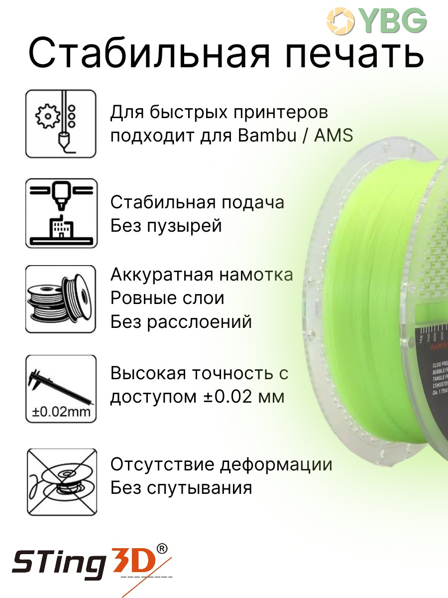 PLA пластик Sting3D для 3д принтера,светящийся в темноте ярко зеленый, 1,75 мм, 1 кг — фото 4