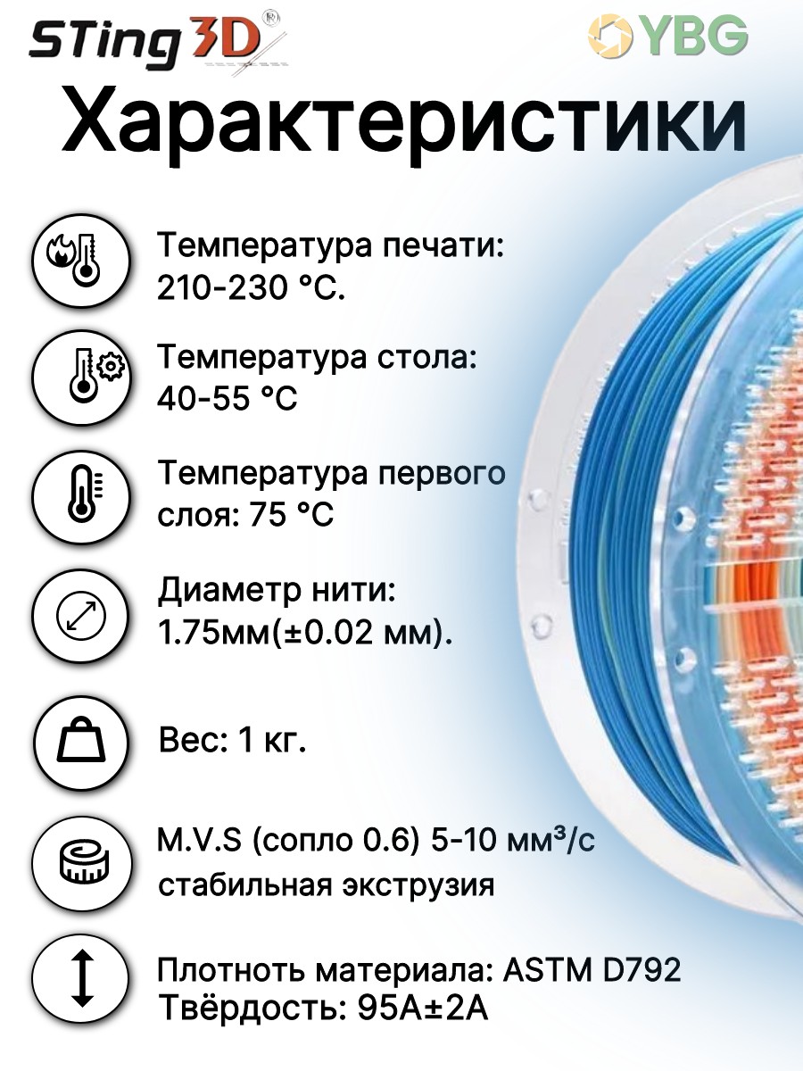 FlexPLA-505B гибкий пластик Sting3D для 3д принтера, радужный синий оранжевый белый, 1 кг, 1,75 мм — фото 3