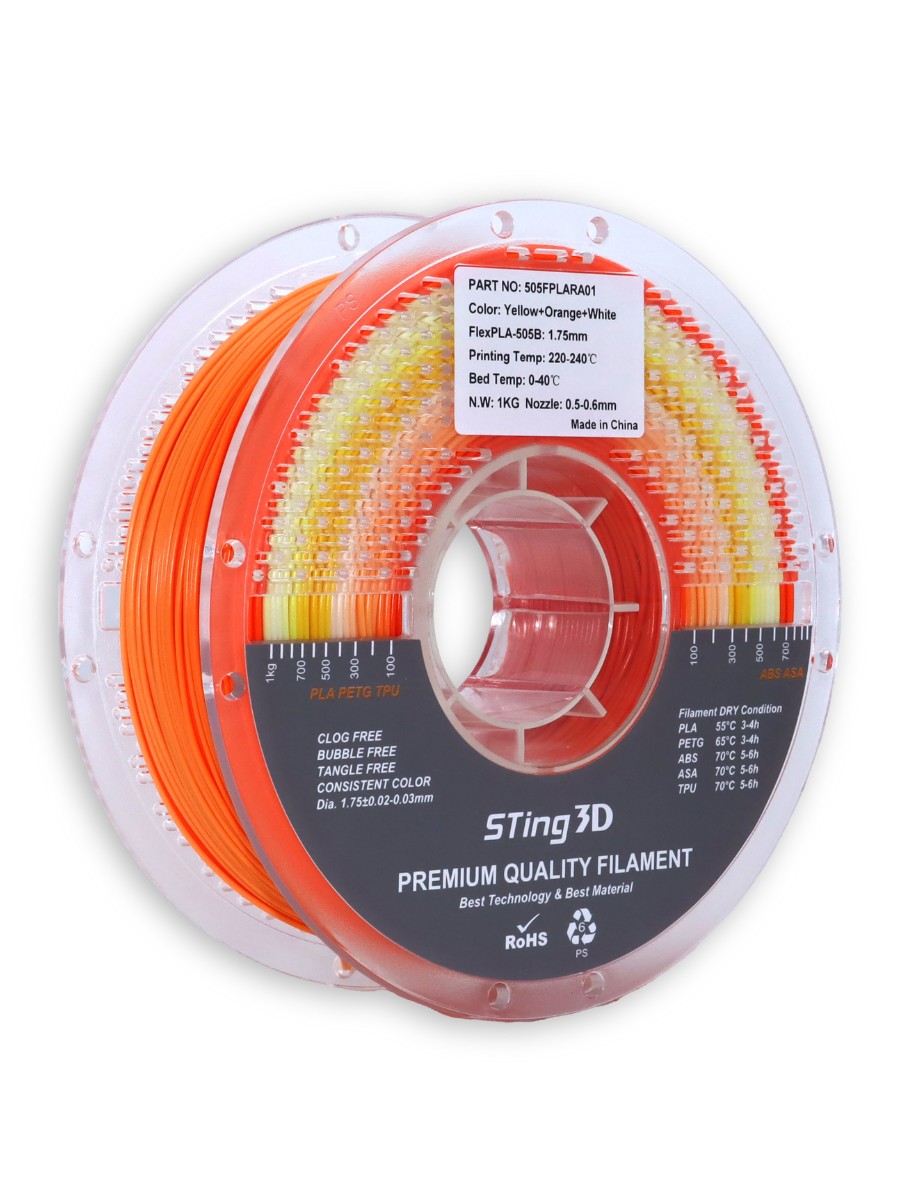 FlexPLA-505B гибкий пластик Sting3D для 3д принтера, радужный желтый-оранжевый-белый, 1 кг, 1,75 мм — фото 2