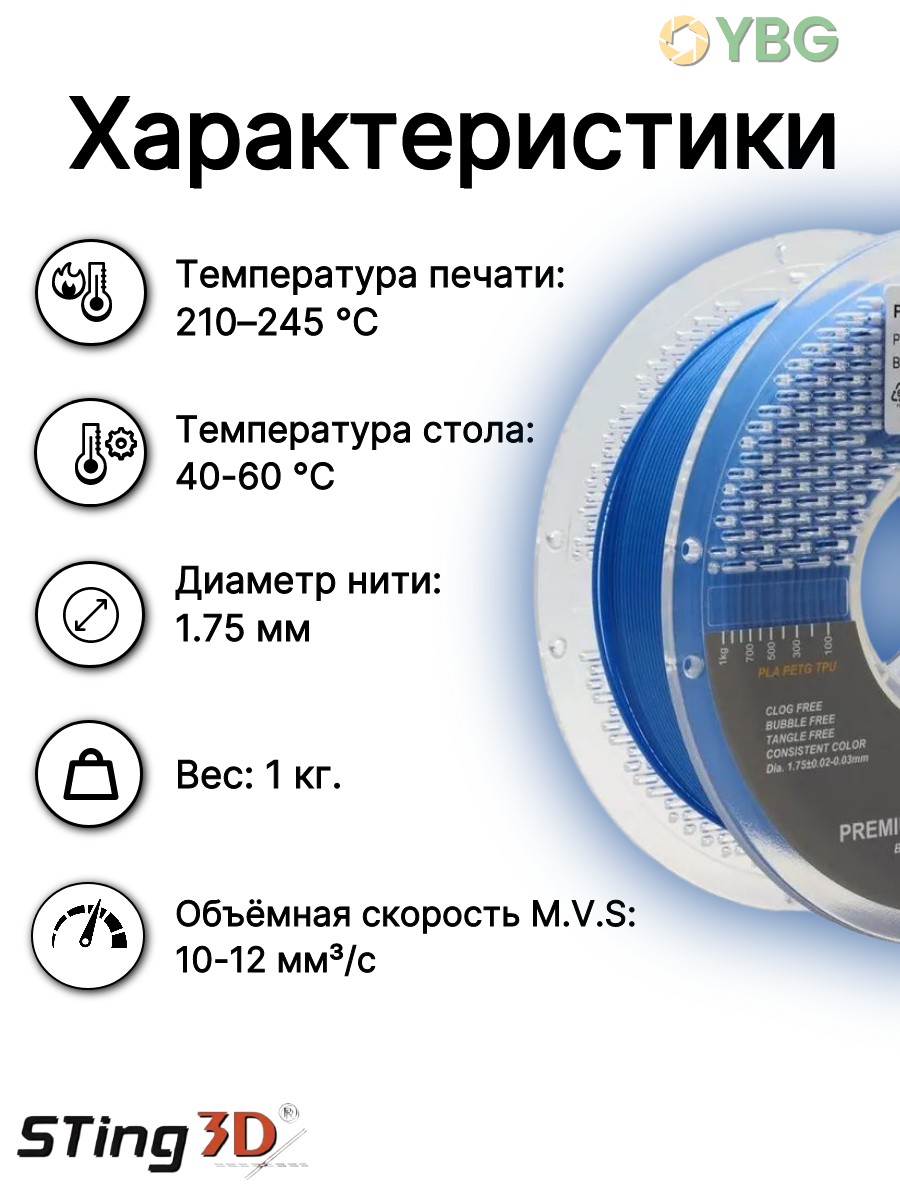 PETG пластик Sting3D для 3д принтера, синий, 1,75 мм, 1 кг