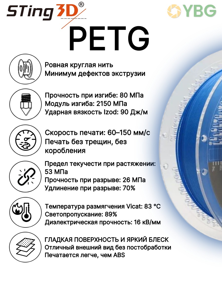 PETG пластик Sting3D для 3д принтера, синий, 1,75 мм, 1 кг — фото 7