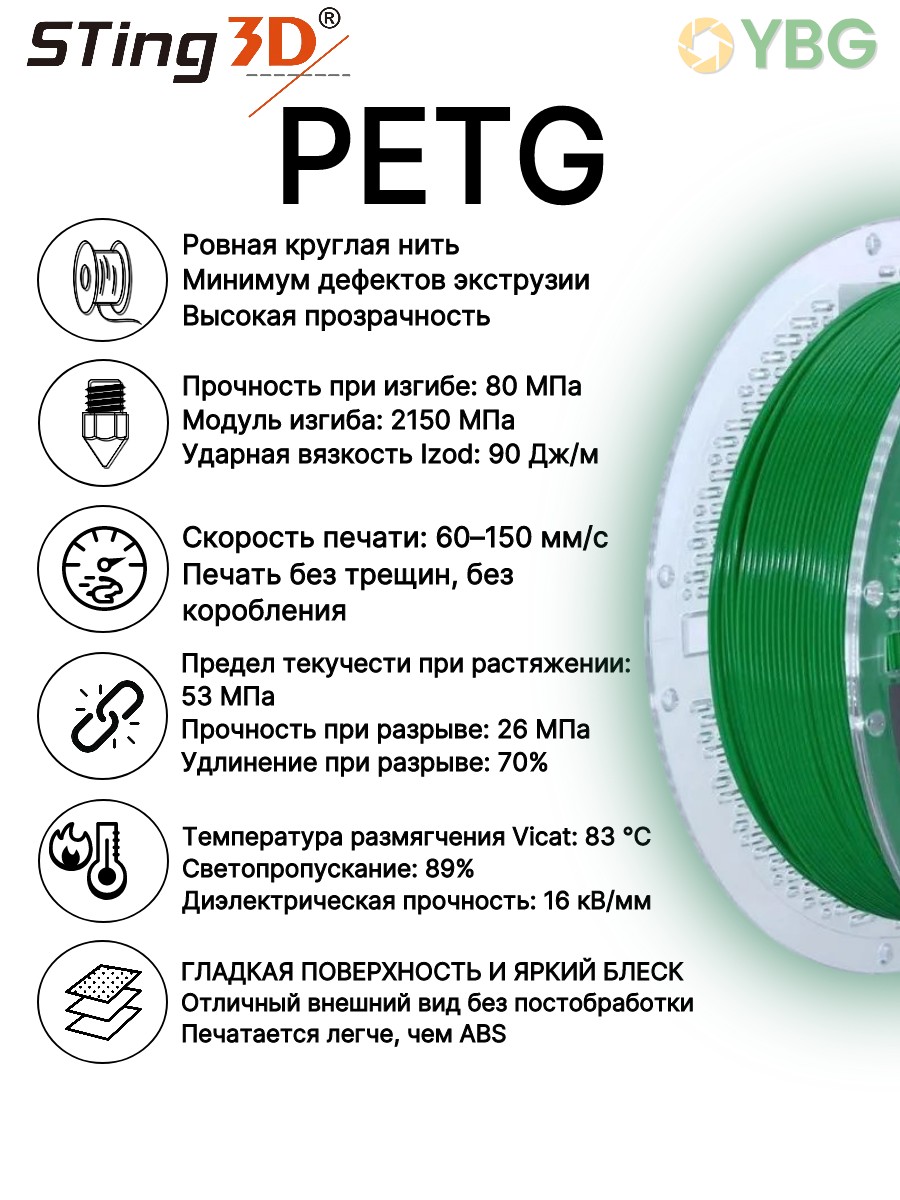 PETG пластик Sting3D для 3д принтера, зеленый, 1,75 мм, 1 кг — фото 6