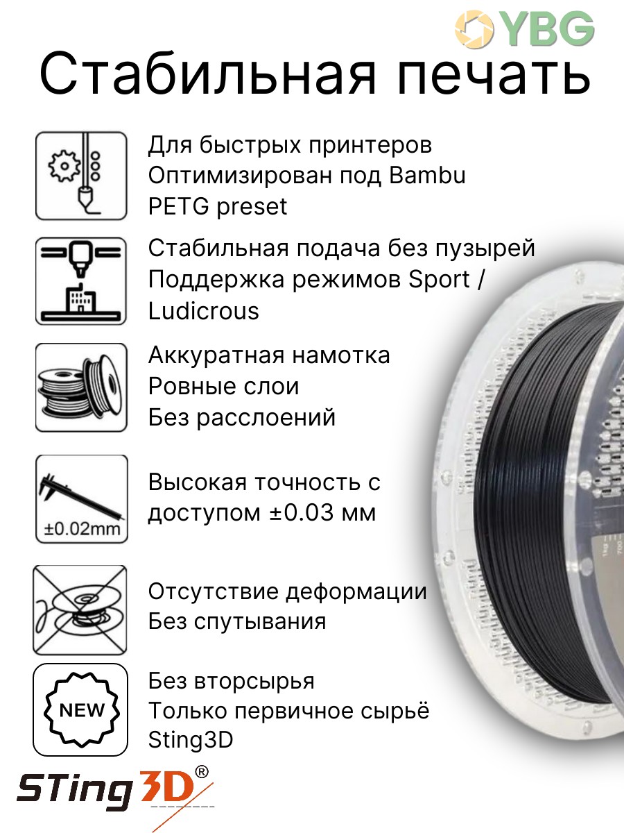 PETG-Hyper скоростной пластик Sting3d для 3д принтера, черный, 1,75 мм, 1кг — фото 5