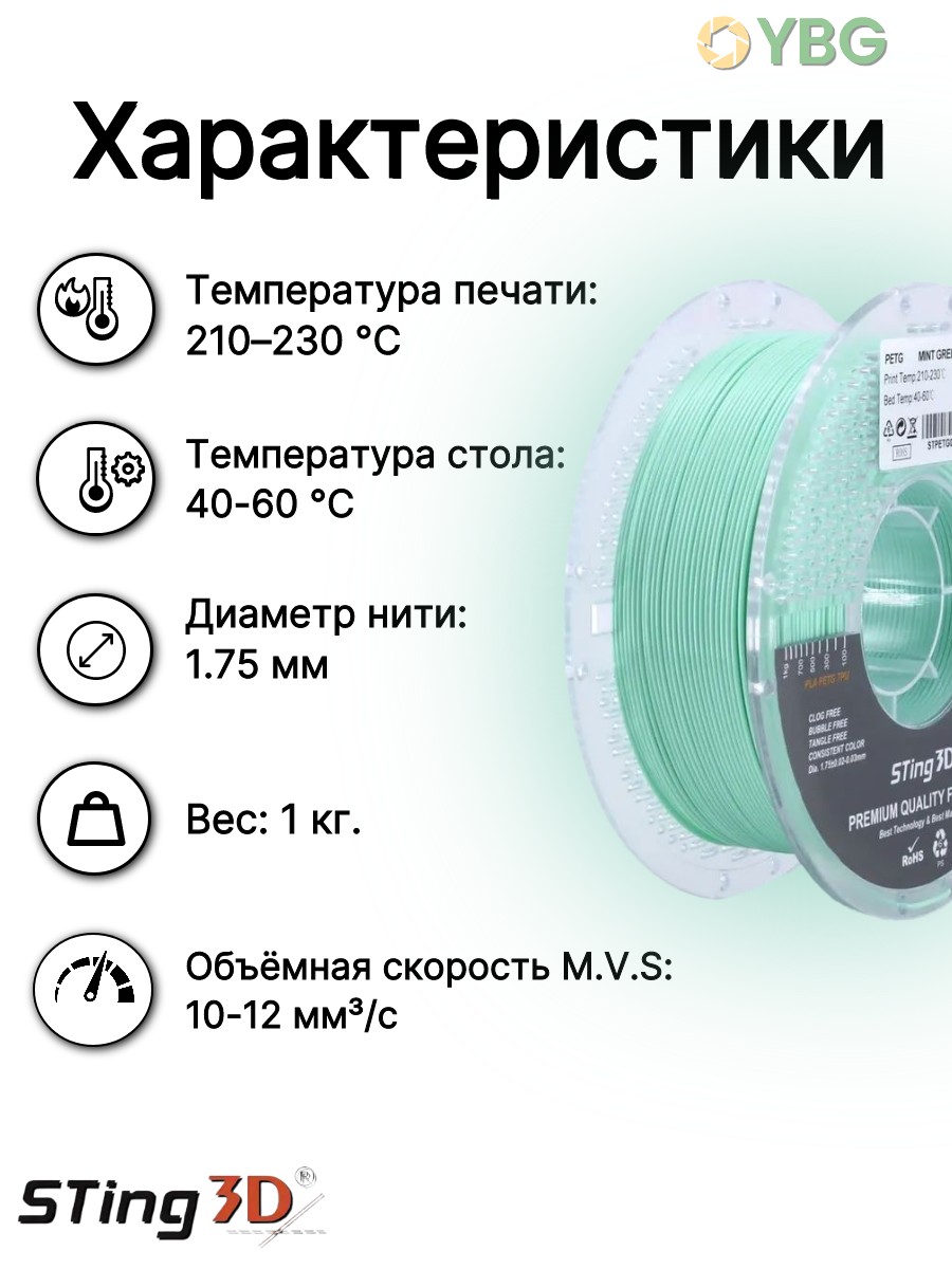 PETG пластик Sting3D для 3д принтера, мятно зеленый, 1,75 мм, 1 кг — фото 5