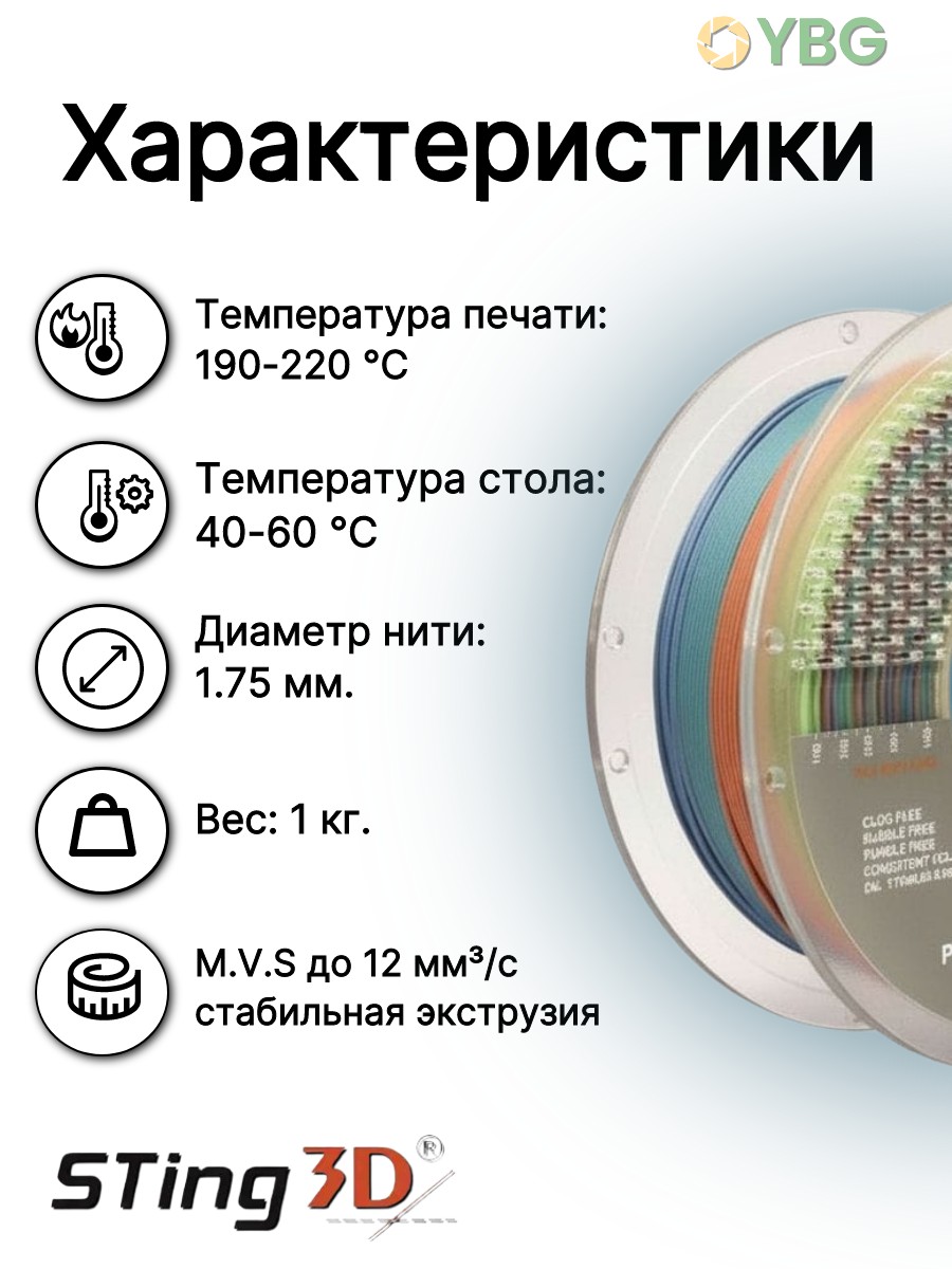 PLA Rainbow пластик Sting3D для 3д принтера, радуга матовая,1,75 мм, 1 кг — фото 6