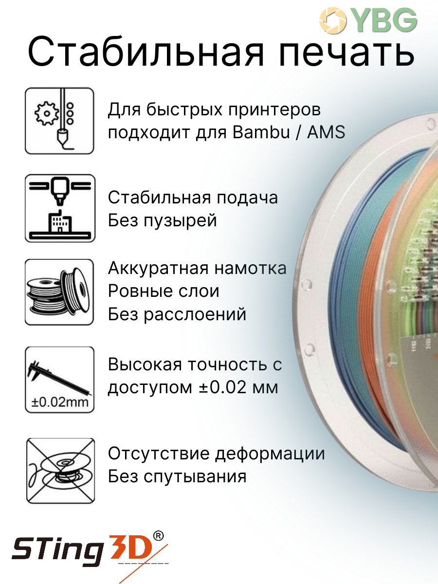 PLA Rainbow пластик Sting3D для 3д принтера, радуга матовая,1,75 мм, 1 кг — фото 9