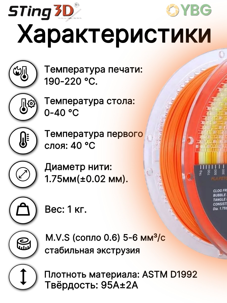 FlexPLA-505B гибкий пластик Sting3D для 3д принтера, радужный желтый-оранжевый-белый, 1 кг, 1,75 мм — фото 3