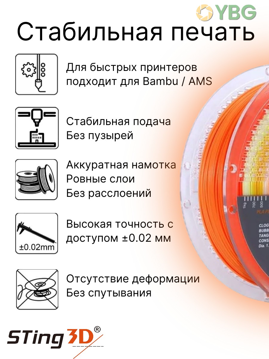 FlexPLA-505B гибкий пластик Sting3D для 3д принтера, радужный желтый-оранжевый-белый, 1 кг, 1,75 мм — фото 5