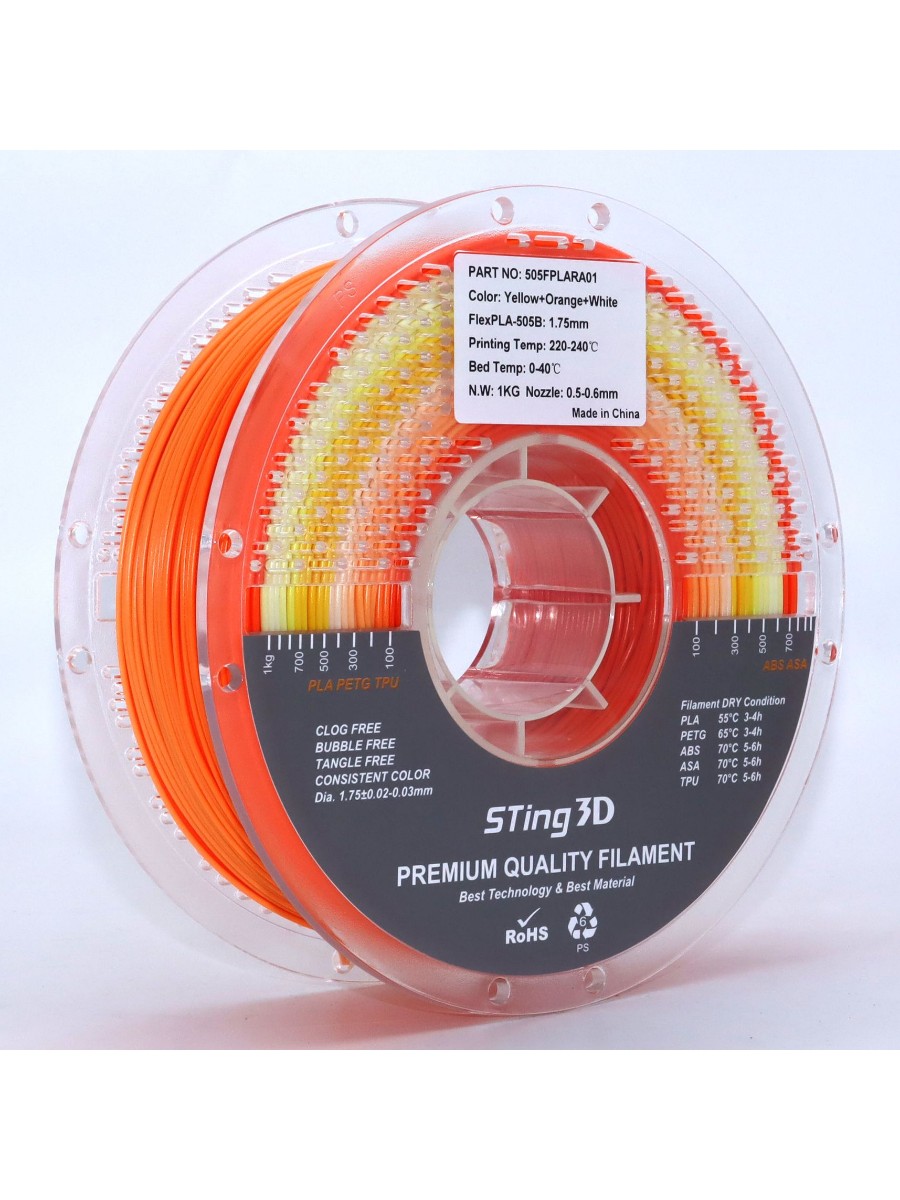 FlexPLA-505B гибкий пластик Sting3D для 3д принтера, радужный желтый-оранжевый-белый, 1 кг, 1,75 мм — фото 10