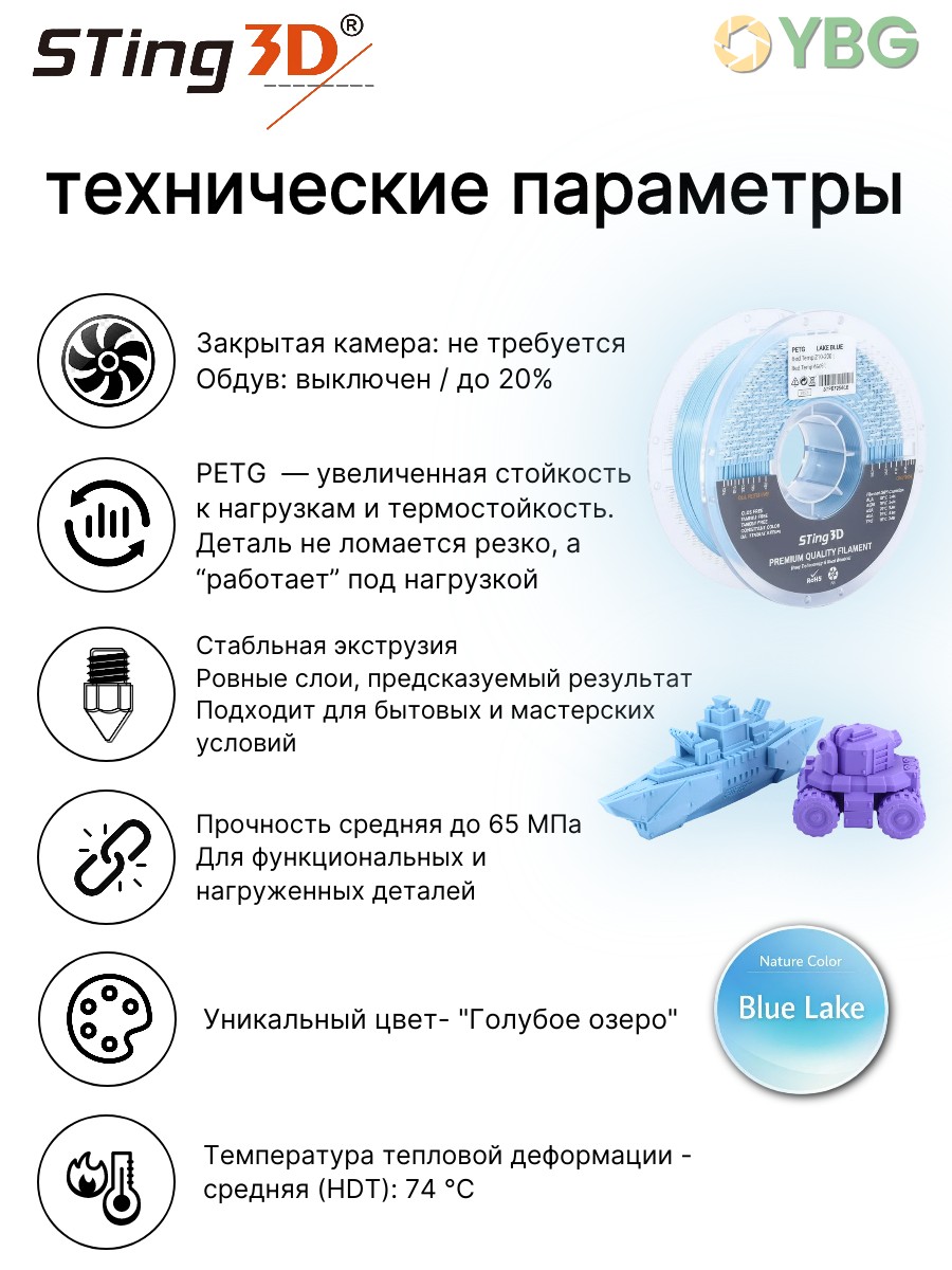 PETG пластик Sting3D для 3д принтера, голубое озеро, 1,75 мм, 1 кг — фото 7