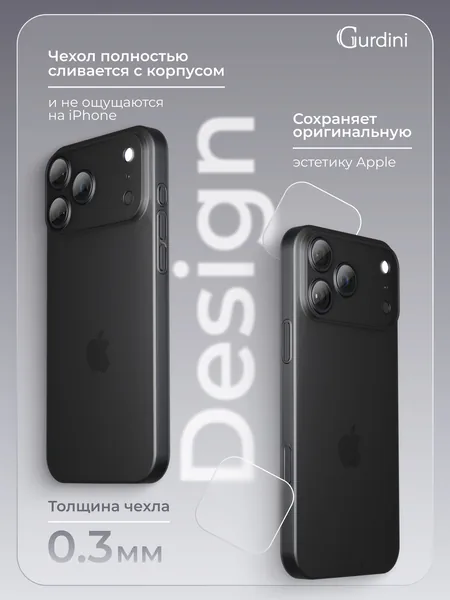 Чехол Gurdini iPhone 17 Pro / 18 Pro Super Slim 0.3mm, Black