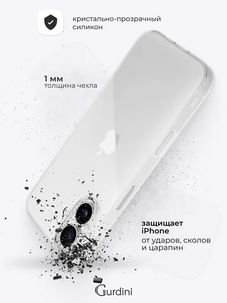 Чехол Gurdini iPhone 17 силикон Ultra Twin 1mm, Clear